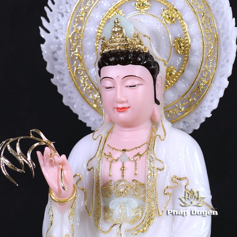 Bộ Tượng Tây Phương Tam Thánh Ngồi, Bằng Bột Đá Màu Thiên Thanh, Cao 40cm (Tổng Lá Đề 52cm) - Ảnh 9