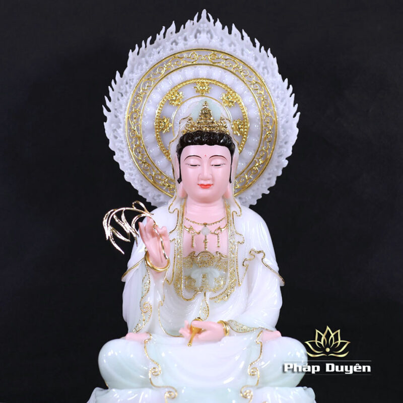 Bộ Tượng Tây Phương Tam Thánh Ngồi, Bằng Bột Đá Màu Thiên Thanh, Cao 40cm (Tổng Lá Đề 52cm) - Ảnh 10