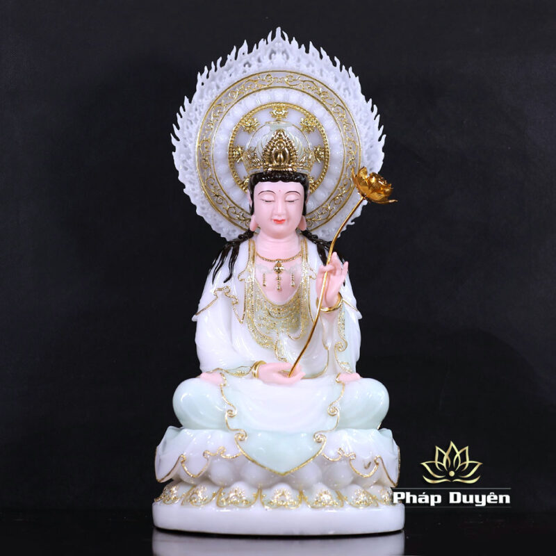 Bộ Tượng Tây Phương Tam Thánh Ngồi, Bằng Bột Đá Màu Thiên Thanh, Cao 40cm (Tổng Lá Đề 52cm) - Ảnh 12