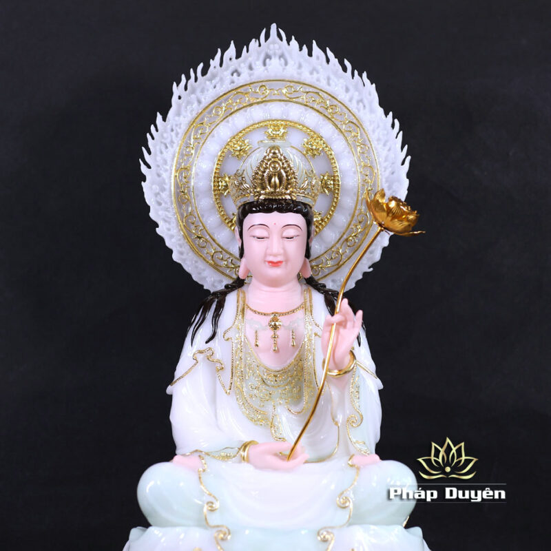 Bộ Tượng Tây Phương Tam Thánh Ngồi, Bằng Bột Đá Màu Thiên Thanh, Cao 40cm (Tổng Lá Đề 52cm) - Ảnh 14