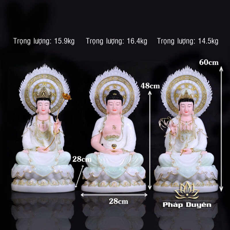 Bộ Tượng Tây Phương Tam Thánh Ngồi, Bằng Bột Đá Màu Thiên Thanh, Cao 48cm (Tổng Lá Đề 60cm) - Ảnh 17
