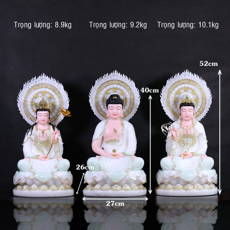 Bộ Tượng Tây Phương Tam Thánh Ngồi, Bằng Bột Đá Màu Thiên Thanh, Cao 40cm (Tổng Lá Đề 52cm) - Ảnh 16