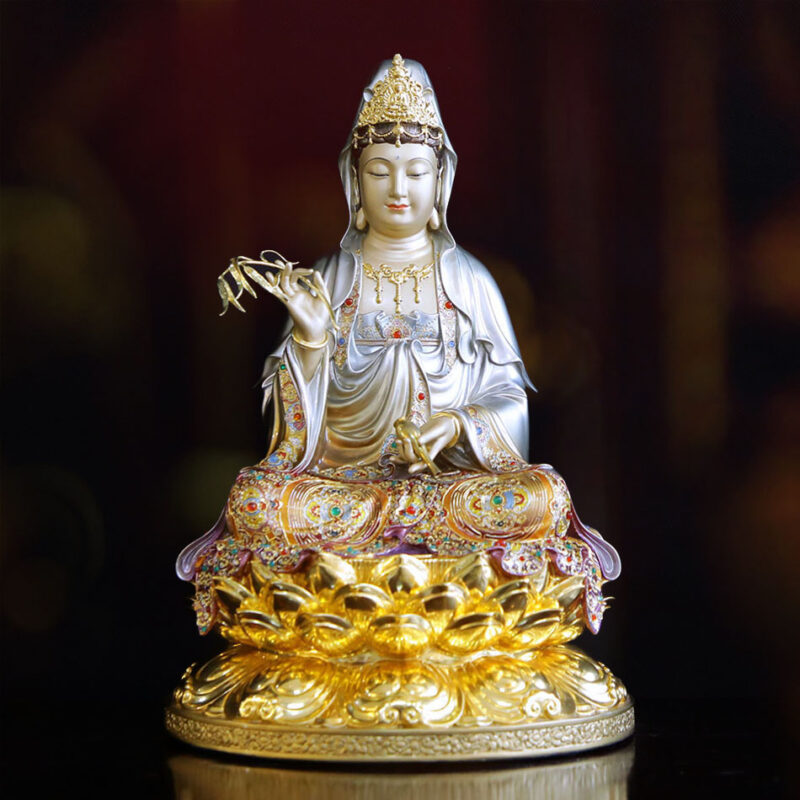 Tượng Quan Âm Ngồi, Bằng Đồng Men Cổ Viền Vàng Mẫn Bảo, Cao 40cm