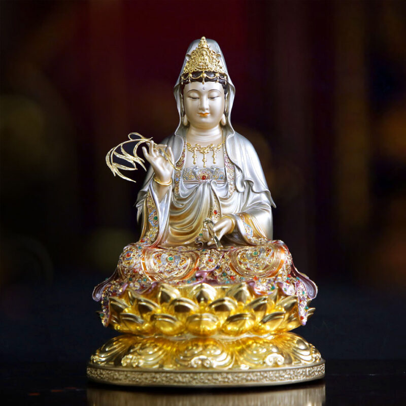 Tượng Quan Âm Ngồi, Bằng Đồng Men Cổ Viền Vàng Mẫn Bảo, Cao 30cm