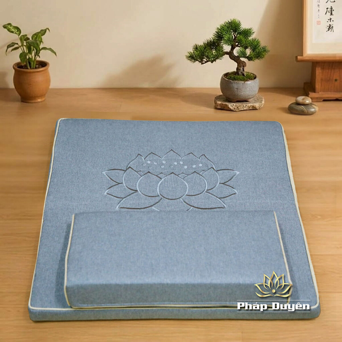 Bộ Đệm Dốc Xơ Dừa Ngồi Thiền Tĩnh Tọa Niệm Phật Thêu Hoa Sen, Mầu Xám, Kích Thước 60x60cm, 70x70cm, 80x80cm - ảnh 8