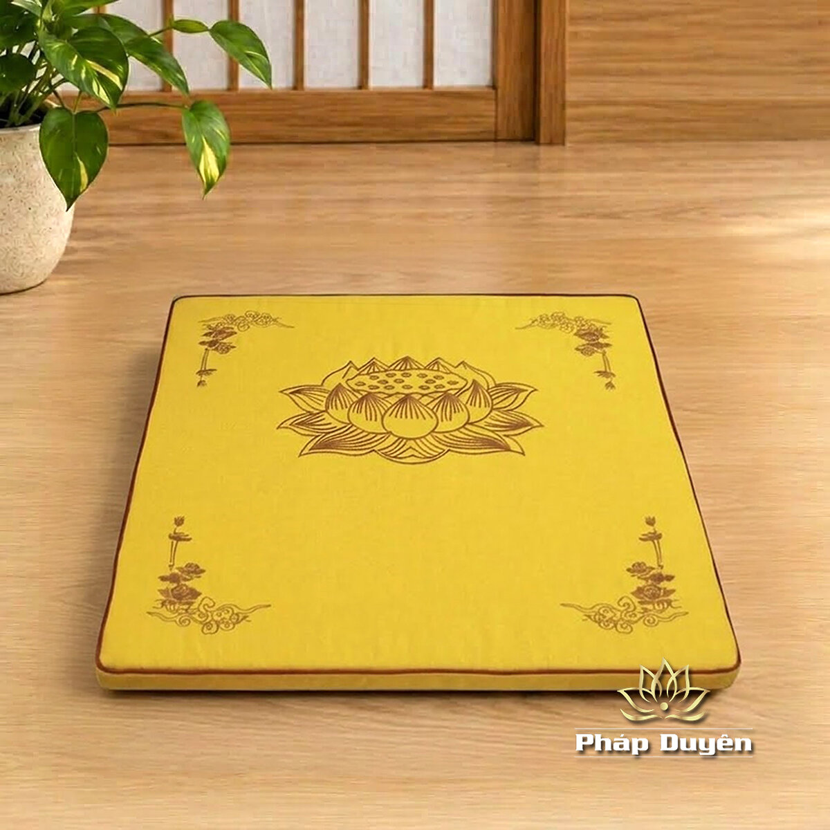 Đệm Lót Ngồi Thiền Xơ Dừa, Thêu Hoa Sen Cao Cấp, Mầu Vàng, Kích Thước 60cmx60cm, 70cmx70, 80cmx80cm - ảnh 8