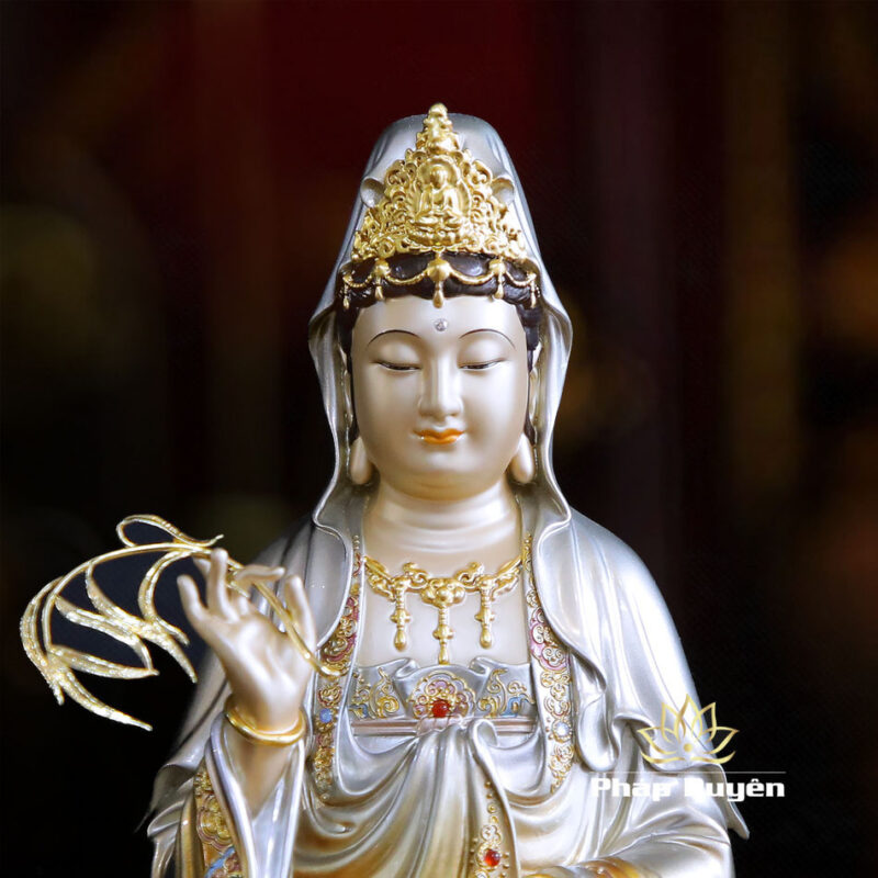 Tượng Quan Âm Ngồi, Bằng Đồng Men Cổ Viền Vàng Mẫn Bảo, Cao 30cm - Ảnh 2