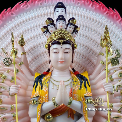 Alternative view of Tượng Quan Âm Thiên Thủ Thiên Nhãn Đế Mây Vẽ Gấm, Bằng Bột Đá, Cao 40cm, 48cm