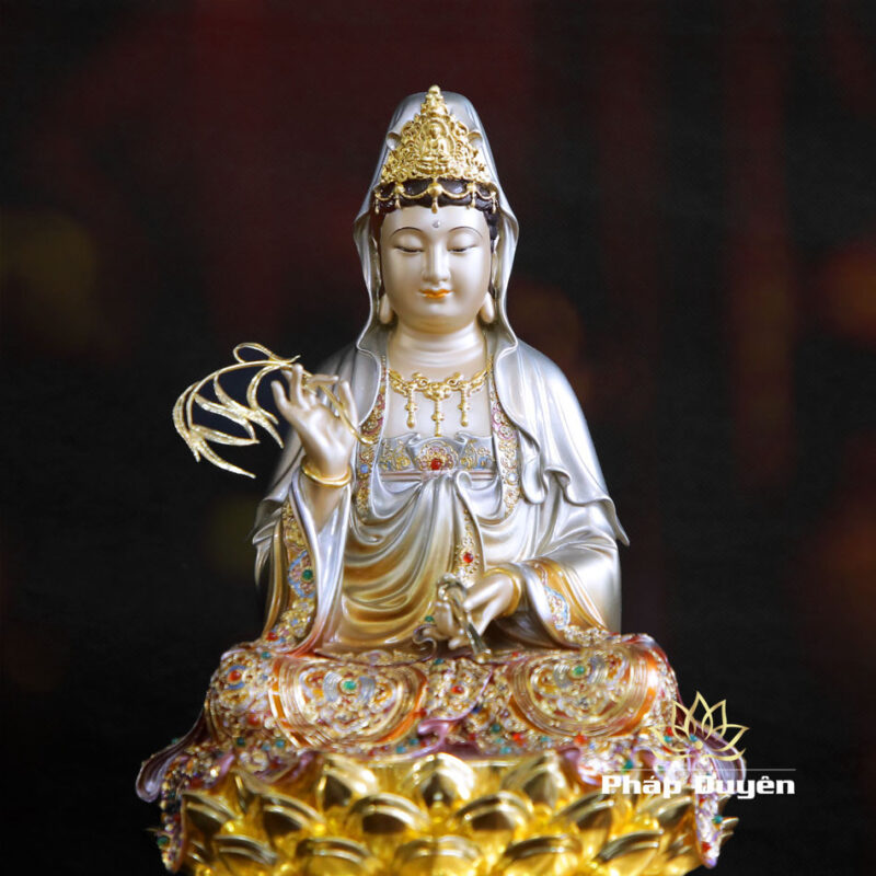 Tượng Quan Âm Ngồi, Bằng Đồng Men Cổ Viền Vàng Mẫn Bảo, Cao 30cm - Ảnh 4