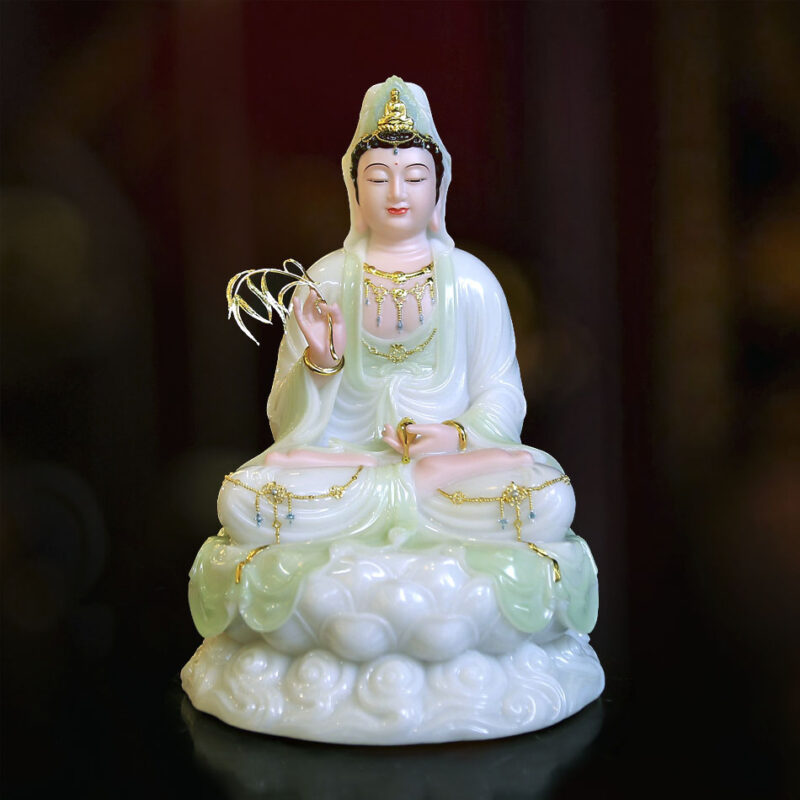 Tượng Quan Âm Bồ Tát, Chất Liệu Bột Đá Cẩm Thạch, Màu Thanh Thiên, Cao 30cm