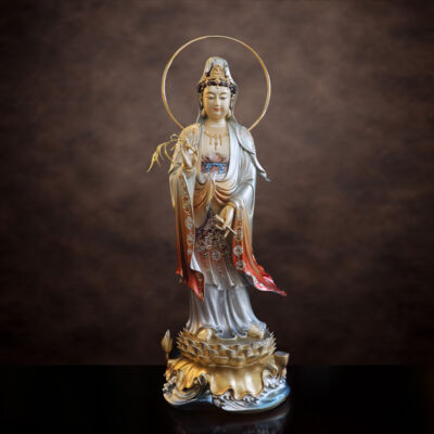 Tượng Quan Âm Đứng, Chất Liệu Đồng, Sơn Men Cổ, Cao 48cm (Tổng Lá Đề 53cm)