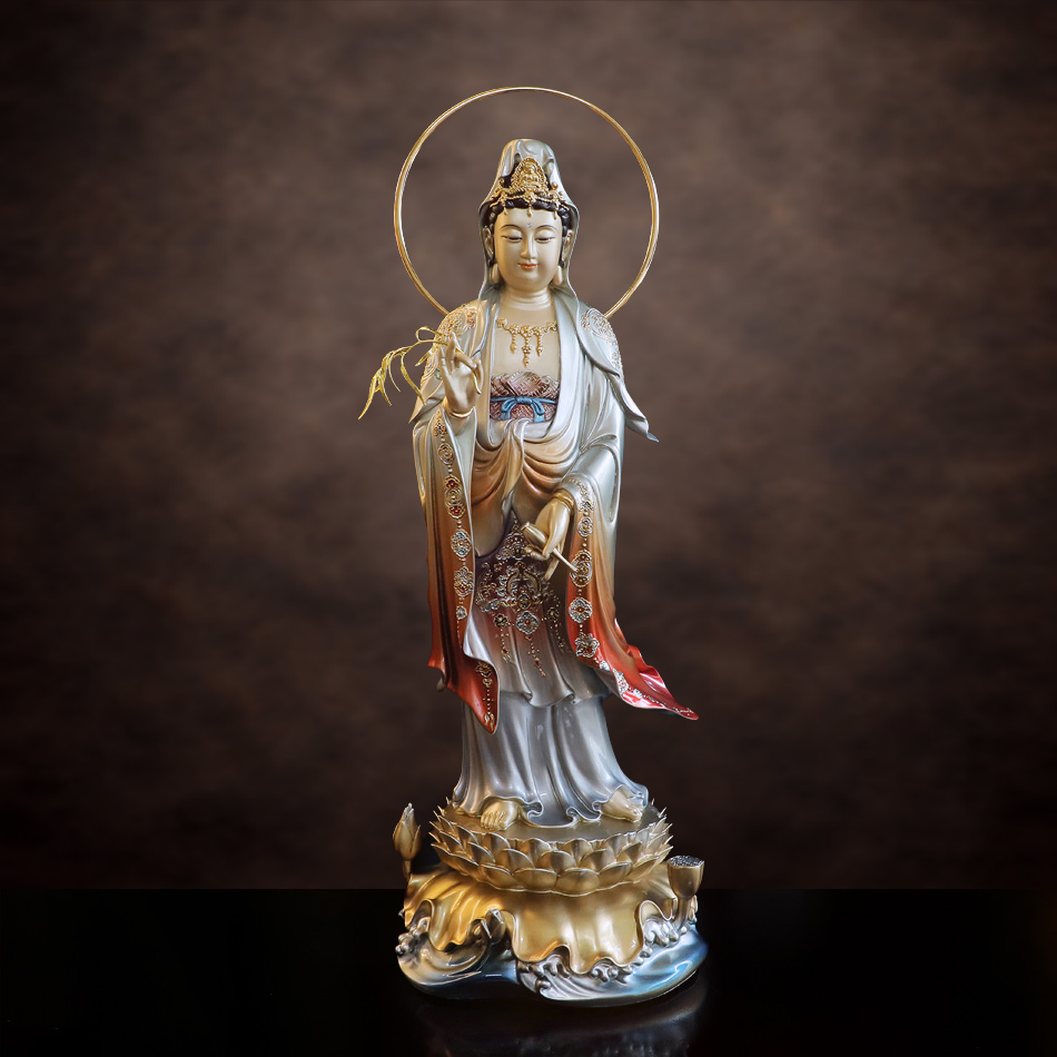 Tượng Quan Âm Đứng, Chất Liệu Đồng, Sơn Men Cổ, Cao 48cm (Tổng Lá Đề 53cm) - ảnh 5