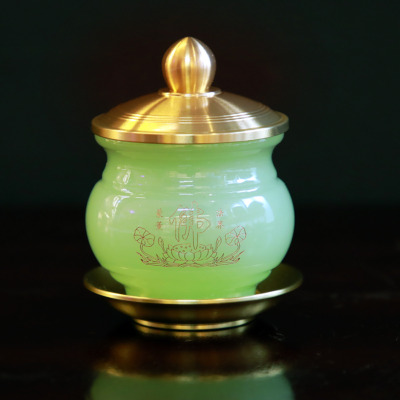 Cốc Nước Chữ Phật Bằng Đá Lưu Ly, Màu Xanh Ngọc, Kích Thước 6.8x8.5cm