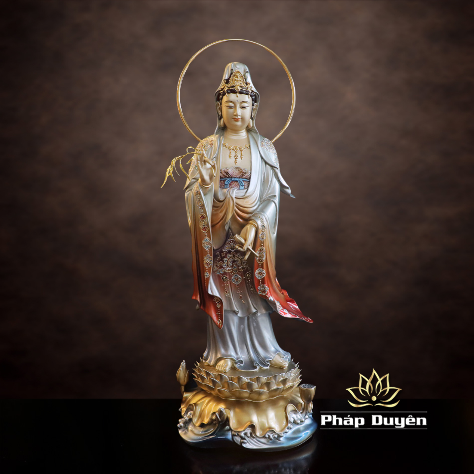 Tượng Quan Âm Đứng, Chất Liệu Đồng, Sơn Men Cổ, Cao 48cm (Tổng Lá Đề 53cm) - ảnh 6