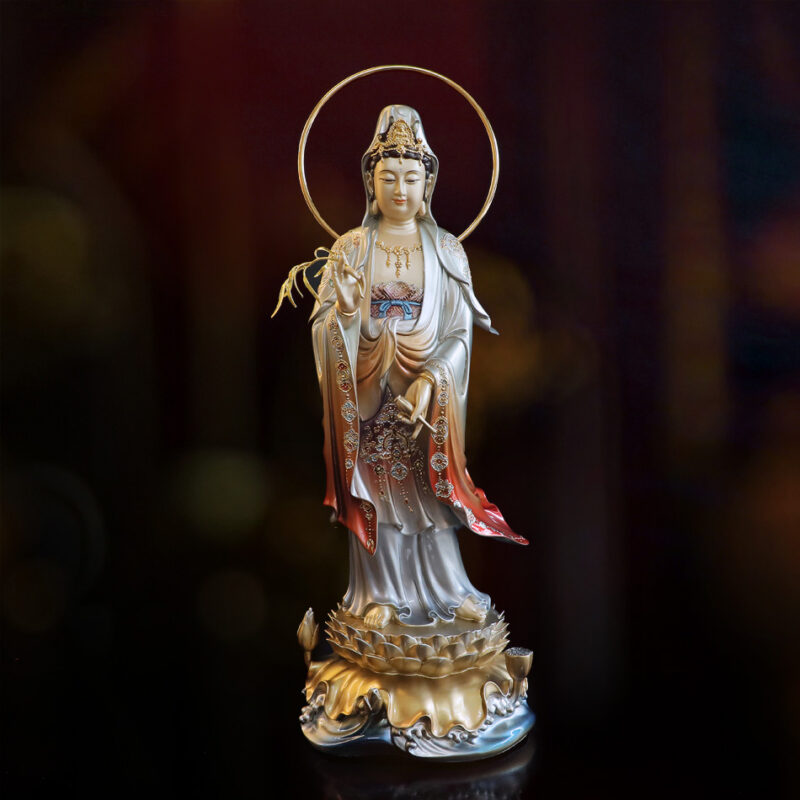 Tượng Quan Âm Đứng, Chất Liệu Đồng, Sơn Men Cổ, Cao 48cm (Tổng Lá Đề 53cm)