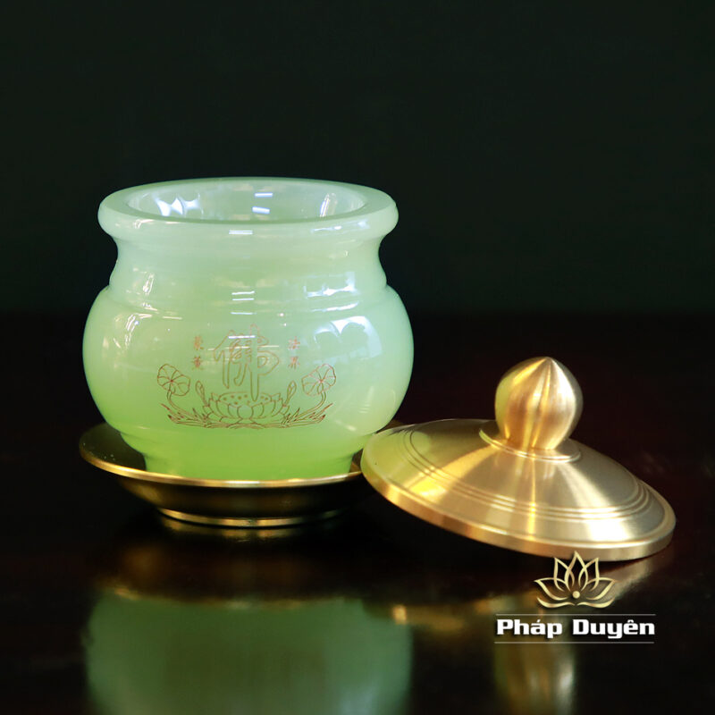 Cốc Nước Chữ Phật Bằng Đá Lưu Ly, Màu Xanh Ngọc, Kích Thước 6.8x8.5cm - Ảnh 2