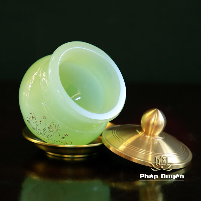 Cốc Nước Chữ Phật Bằng Đá Lưu Ly, Màu Xanh Ngọc, Kích Thước 6.8x8.5cm - Ảnh 3