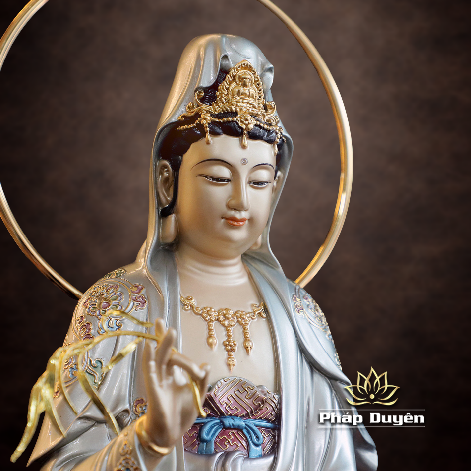 Tượng Quan Âm Đứng, Chất Liệu Đồng, Sơn Men Cổ, Cao 48cm (Tổng Lá Đề 53cm) - ảnh 8