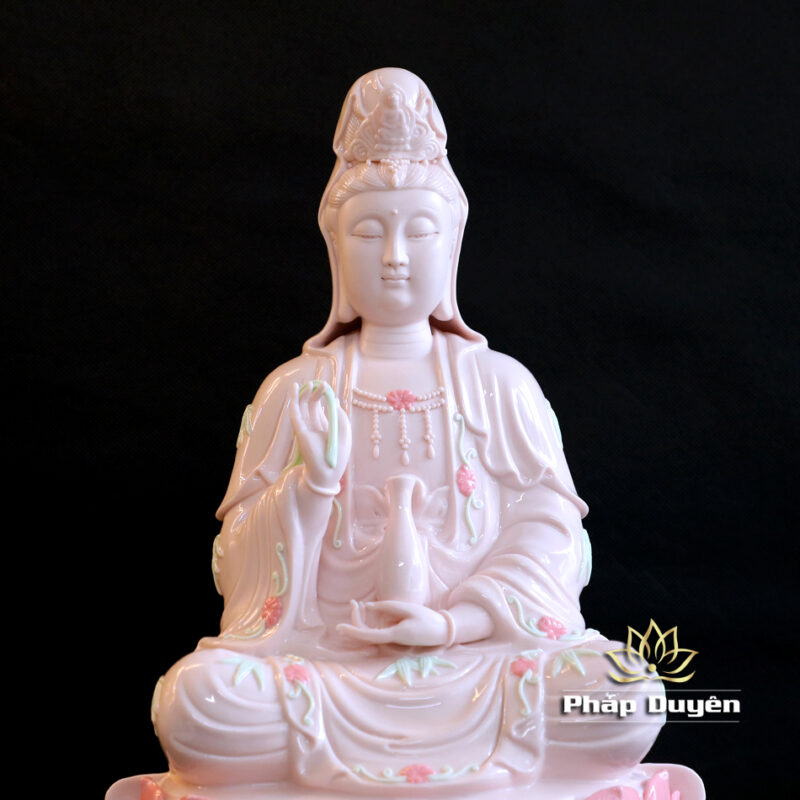 Tượng Quan Âm Bồ Tát Ngồi, Bằng Sứ, Màu Hồng, Nhiều Kích Thước - Ảnh 4