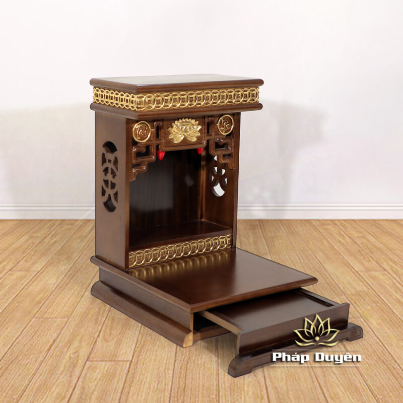 Bàn Thờ Ông Thần Tài Thổ Địa Mái Bằng Hoa Sen, Gỗ Xoan Màu Óc Chó Dát Vàng, Có Ngăn Kéo, Nhiều Kích Thước - Ảnh 9