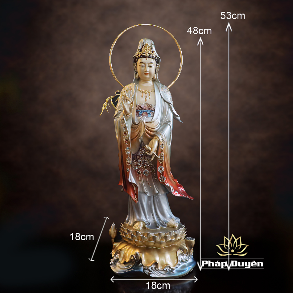 Tượng Quan Âm Đứng, Chất Liệu Đồng, Sơn Men Cổ, Cao 48cm (Tổng Lá Đề 53cm) - ảnh 14