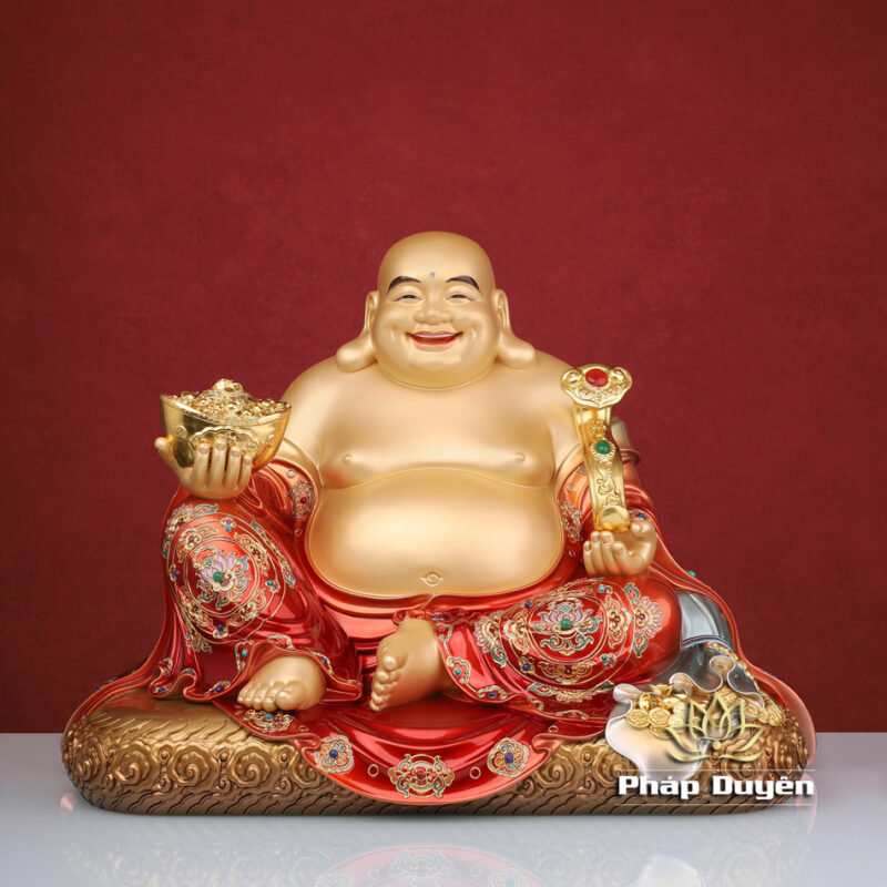 Tượng Di Lặc Bồ Tát Ngồi, Bằng Đồng Men Cổ Sơn Đỏ, Cao 48cm - Ảnh 2
