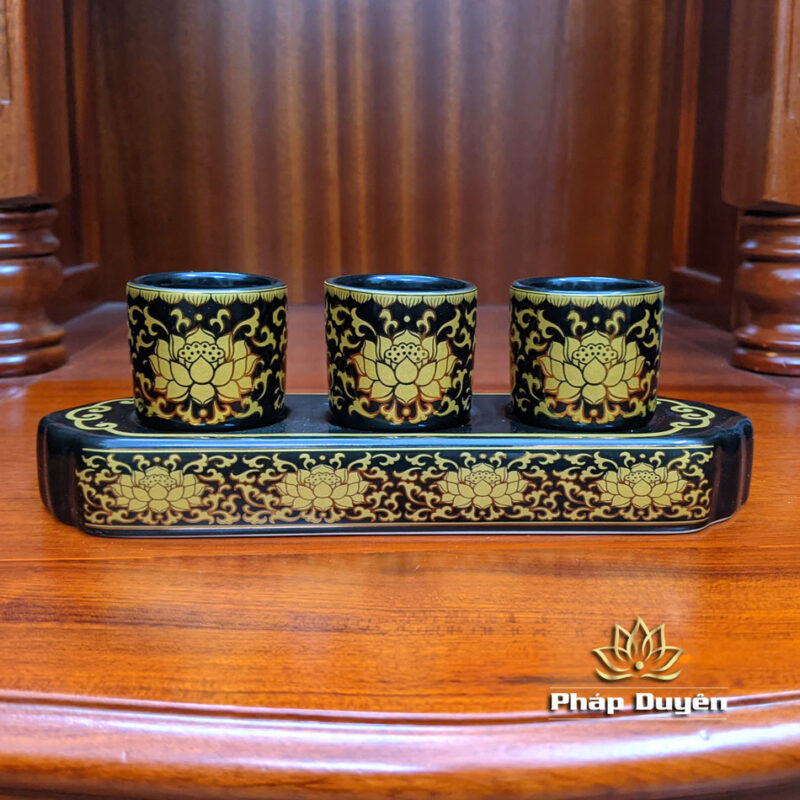 Bộ 3 Chén Nước Bằng Gốm Đen Sen Vàng - Ảnh 2