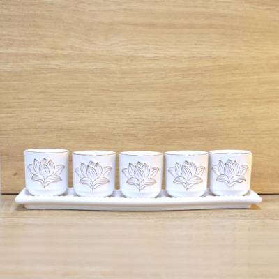Bộ 5 Chén Nước Thờ Gốm Trắng Hoa Sen Viền Vàng