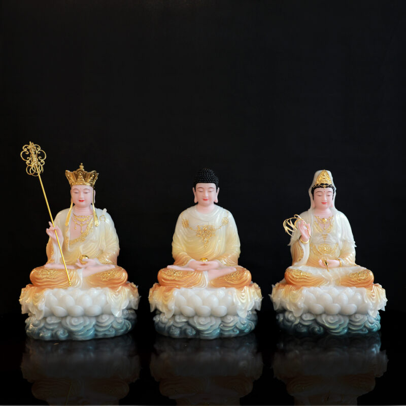 Bộ Tượng Ta Bà Tam Thánh Ngồi, Bằng Bột Đá Sơn Phú Quý Vàng, Cao 40cm