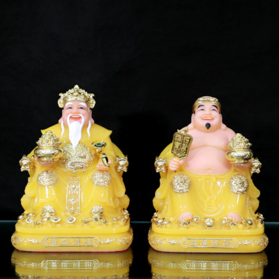 Bộ Tượng Thần Tài Thổ Địa (Tài - Địa), Bằng Bột Đá Thạch Anh Viền Vàng, Cao 25cm