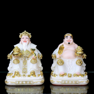 Bộ Tượng Thần Tài Thổ Địa (Tài - Địa), Bằng Bột Đá Trắng Viền Vàng, Cao 25cm