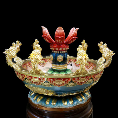 Chậu Tắm Phật Cửu Long Kèm Tượng Đản Sanh, Bằng Composite Dát Vàng Màu Xanh, Nhiều Kích Thước