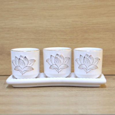 Bộ 3 Chén Nước Thờ Gốm Trắng Hoa Sen Viền Vàng
