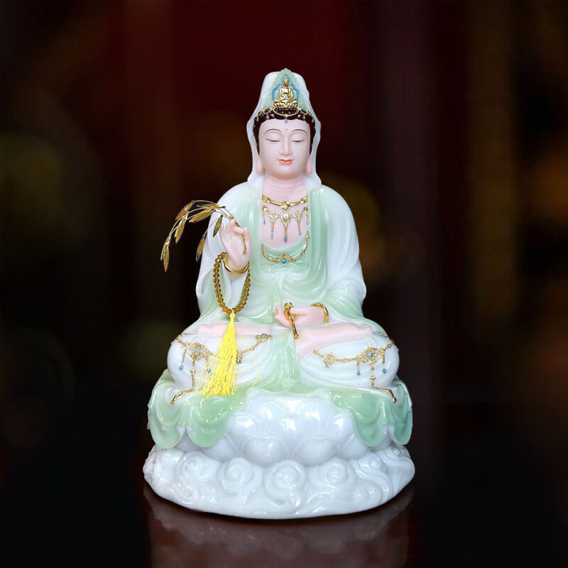 Tượng Bồ Tát Quan Âm Ngồi Đế Mây Bằng Bột Đá Cẩm Thạch Màu Thanh Thiên, Cao 40cm