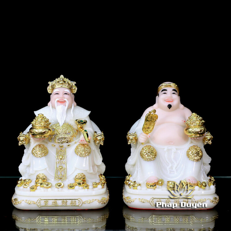 Bộ Tượng Thần Tài Thổ Địa (Tài - Địa), Bằng Bột Đá Trắng Viền Vàng, Cao 25cm - Ảnh 2