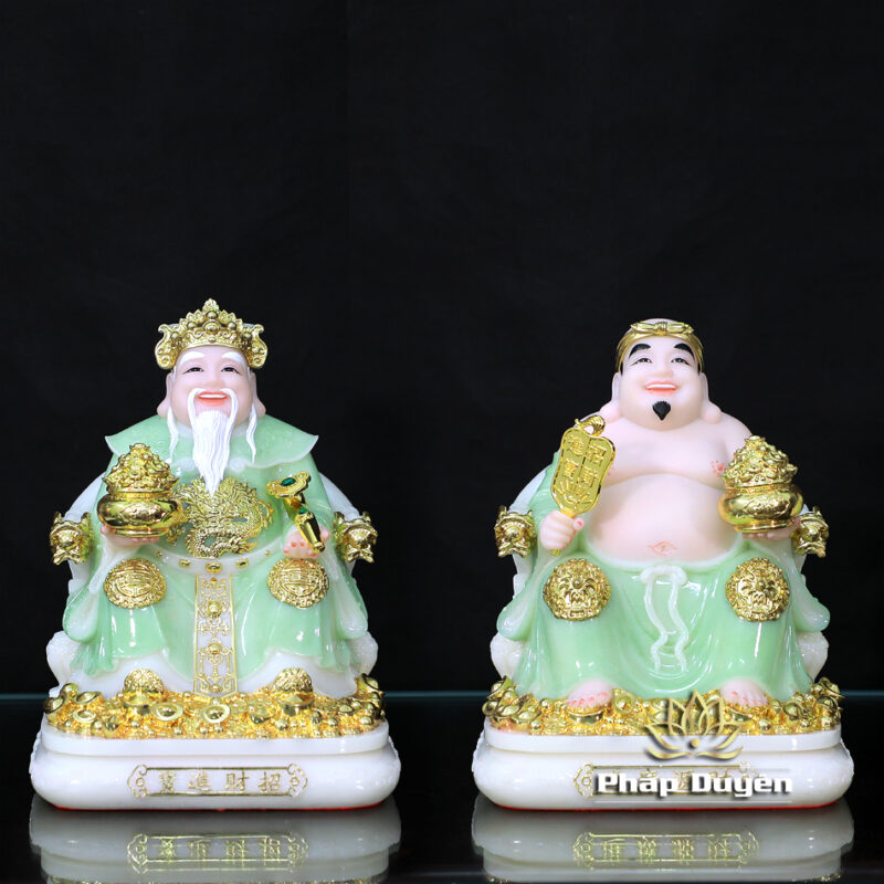 Bộ Tượng Thần Tài Thổ Địa (Tài - Địa), Bằng Bột Đá Xanh Ngọc Viền Vàng, Cao 25cm - Ảnh 2