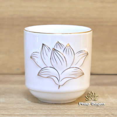 Alternative view of Bộ 5 Chén Nước Thờ Gốm Trắng Hoa Sen Viền Vàng