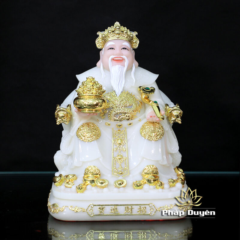 Bộ Tượng Thần Tài Thổ Địa (Tài - Địa), Bằng Bột Đá Trắng Viền Vàng, Cao 25cm - Ảnh 3