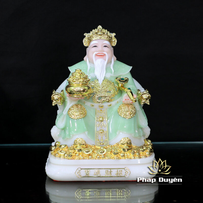 Bộ Tượng Thần Tài Thổ Địa (Tài - Địa), Bằng Bột Đá Xanh Ngọc Viền Vàng, Cao 25cm - Ảnh 3