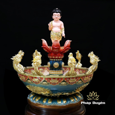 Alternative view of Chậu Tắm Phật Cửu Long Kèm Tượng Đản Sanh, Bằng Composite Dát Vàng Màu Xanh, Nhiều Kích Thước