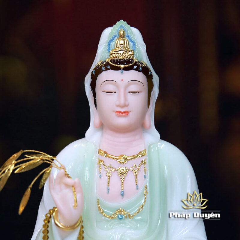 Tượng Bồ Tát Quan Âm Ngồi Đế Mây Bằng Bột Đá Cẩm Thạch Màu Thanh Thiên, Cao 40cm - Ảnh 2
