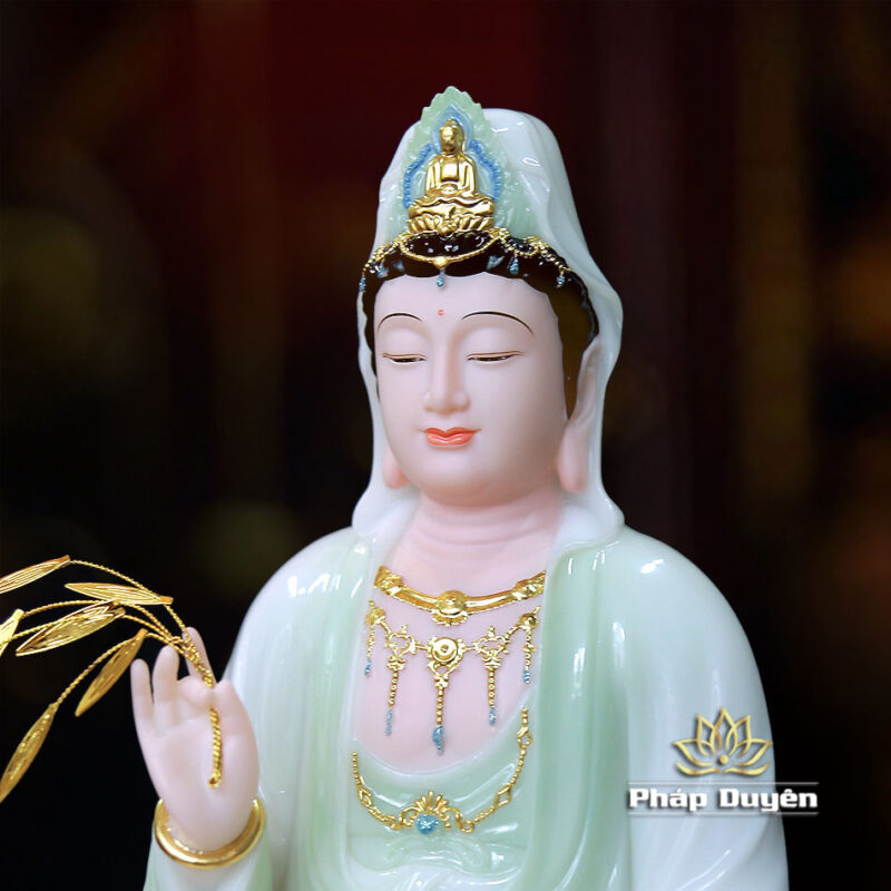 Tượng Bồ Tát Quan Âm Ngồi Đế Mây Bằng Bột Đá Cẩm Thạch Màu Thanh Thiên, Cao 40cm - Ảnh 3