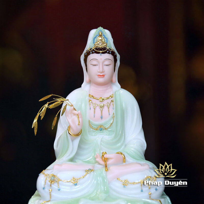 Tượng Bồ Tát Quan Âm Ngồi Đế Mây Bằng Bột Đá Cẩm Thạch Màu Thanh Thiên, Cao 40cm - Ảnh 4