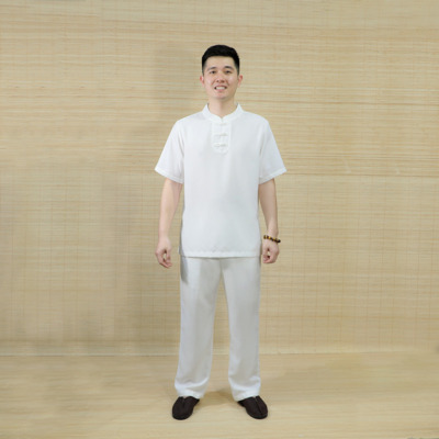 Bộ Phật Tử Nam Cổ Trụ Tay Ngắn, Vải Linen, Màu Trắng, Nhiều Size
