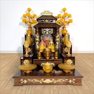 Bộ Bàn Thờ Thần Tài Thổ Địa Song Long Cổ Tự Dát Vàng, Lưu Ly Vàng, KT 89*89*109 cm