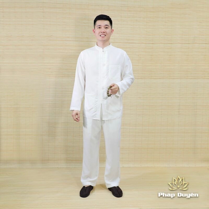 Bộ Quần Áo Phật Tử Nam Màu Trắng Dài Tay Nút Nhựa Vải Linen, Nhiều Size - Ảnh 5