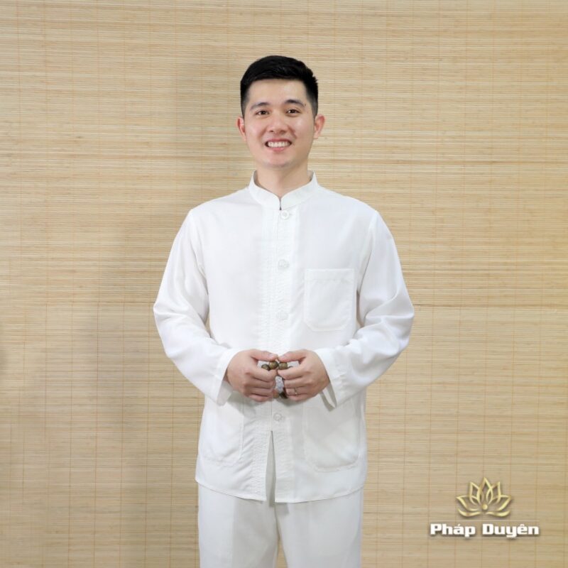 Bộ Quần Áo Phật Tử Nam Màu Trắng Dài Tay Nút Nhựa Vải Linen, Nhiều Size - Ảnh 2