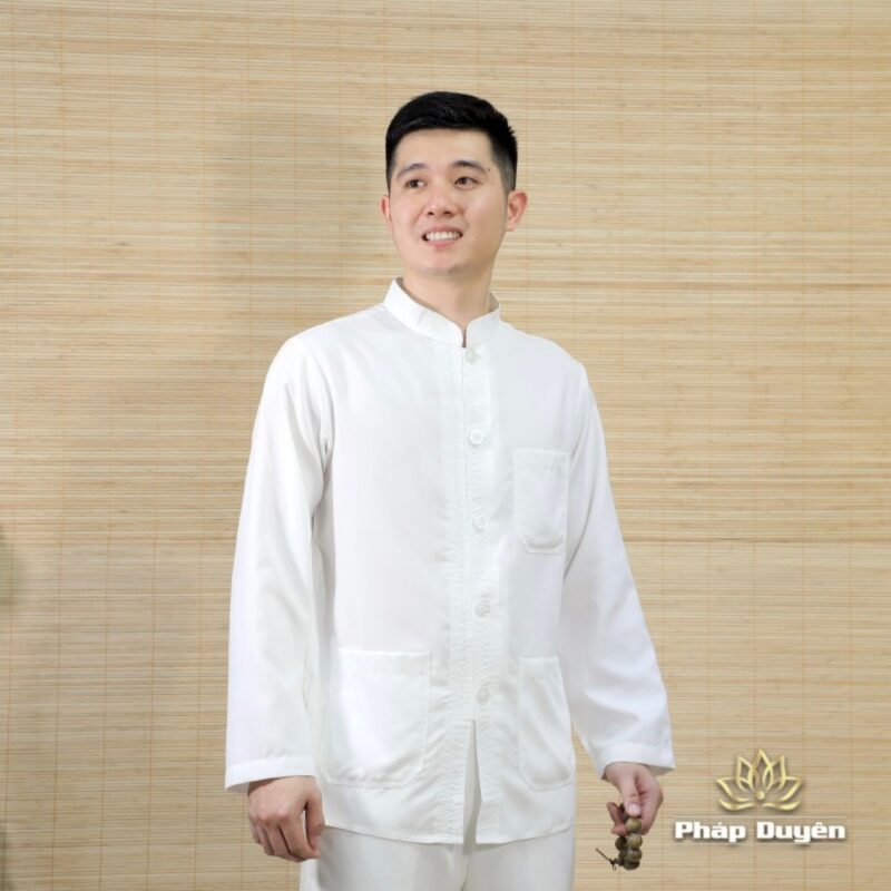 Bộ Quần Áo Phật Tử Nam Màu Trắng Dài Tay Nút Nhựa Vải Linen, Nhiều Size - Ảnh 3