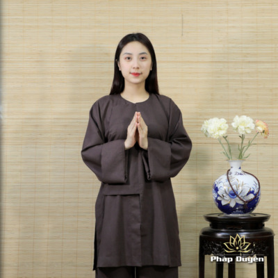 Alternative view of Bộ Vạt Hò Dành Cho Phật Tử Nam Nữ Đi Lễ Chùa, Vải Linen Màu Nâu Đen, Nhiều Size