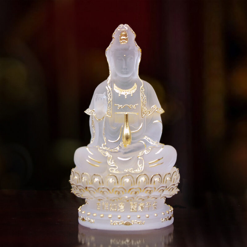Tượng Phật Bà Quan Âm Ngồi, Chất Liệu Lưu Ly Màu Trắng, Cao 22cm